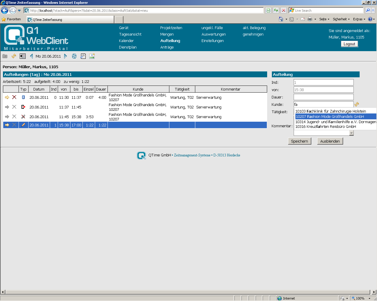 Stundenaufteilung mit dem Q1 WebClient Stundenaufteilung mit dem Q1 WebClient