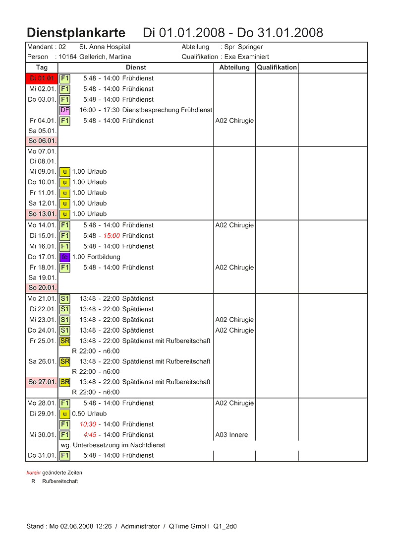 Dienste drucken: Dienstplankarte