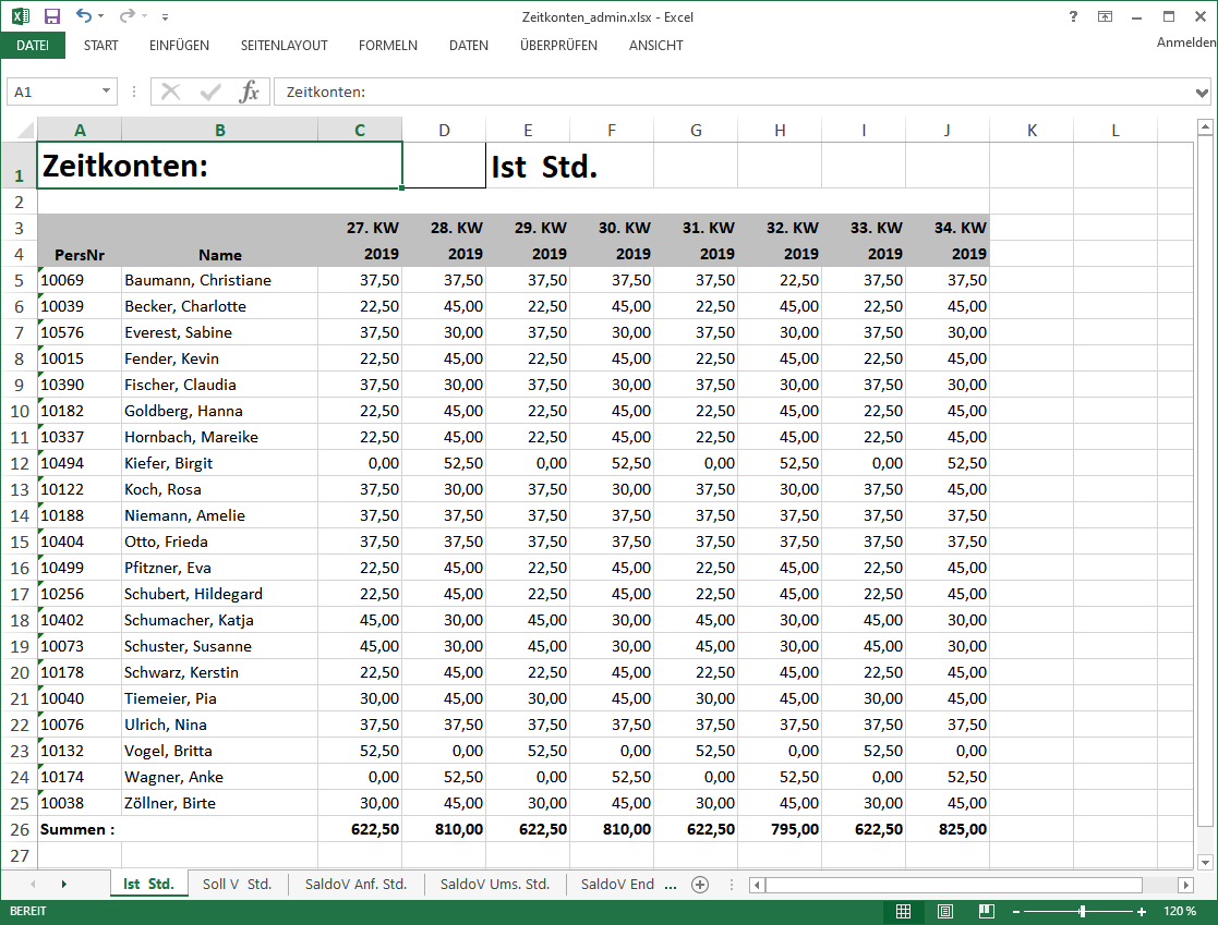 Export: Zeitdaten in eine Excel-Arbeitsmappe übergeben