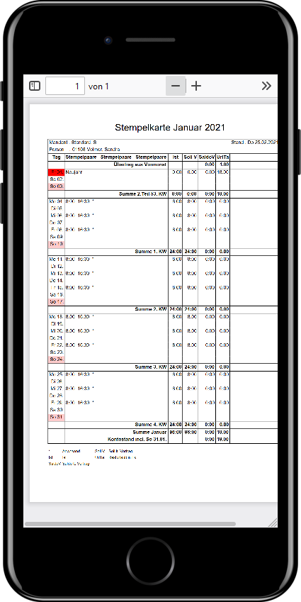 Q1 WebClient mobil: Die Stempelkarte als PDF auf dem Smartphone